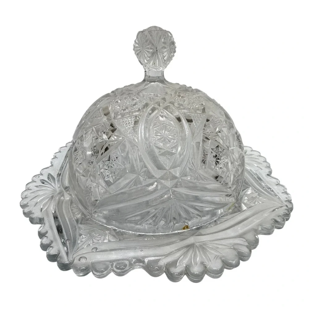 Vintage Clear Pressed Glass Domed Butter Dish Pinwheel Starburst Scalloped Edge‎